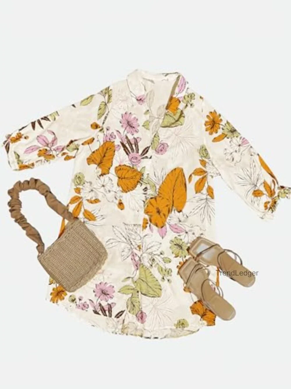 Women's Oversize Floral Shirt Dress 3/4 Sleeve Button Down Beach Cover Up